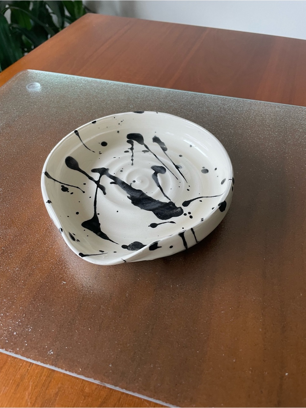 Handmade Ceramic Spoon rest  in White with Black Splash Pattern